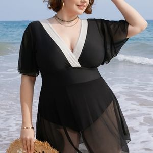 *FREE w/ any closet purchase!* Contrast Lace Knot Back Mesh Ruffle Swim Dress